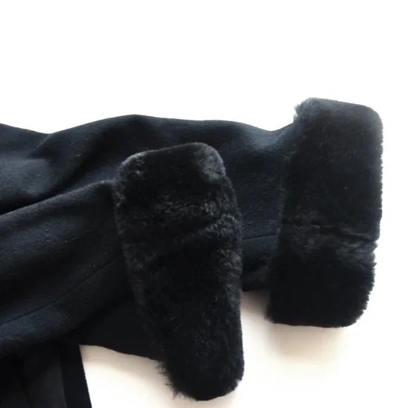 Vintage 80's Albert Nipon Black Coat, Faux Fur Trim, Wool Med Petite - Picture 2 of 6